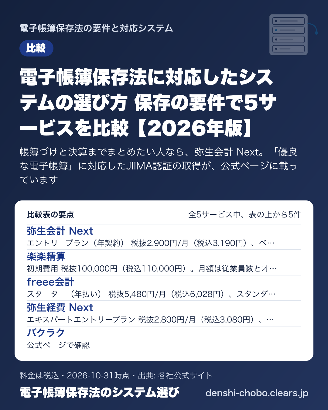 電子帳簿保存法に対応したシステムの選び方 保存の要件で5サービスを比較【2026年版】の比較表の要点